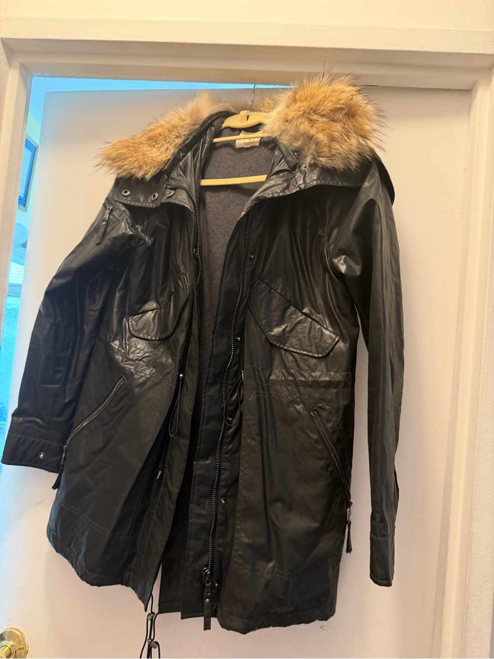 SAM. Black Coat with Cream Fur Trim